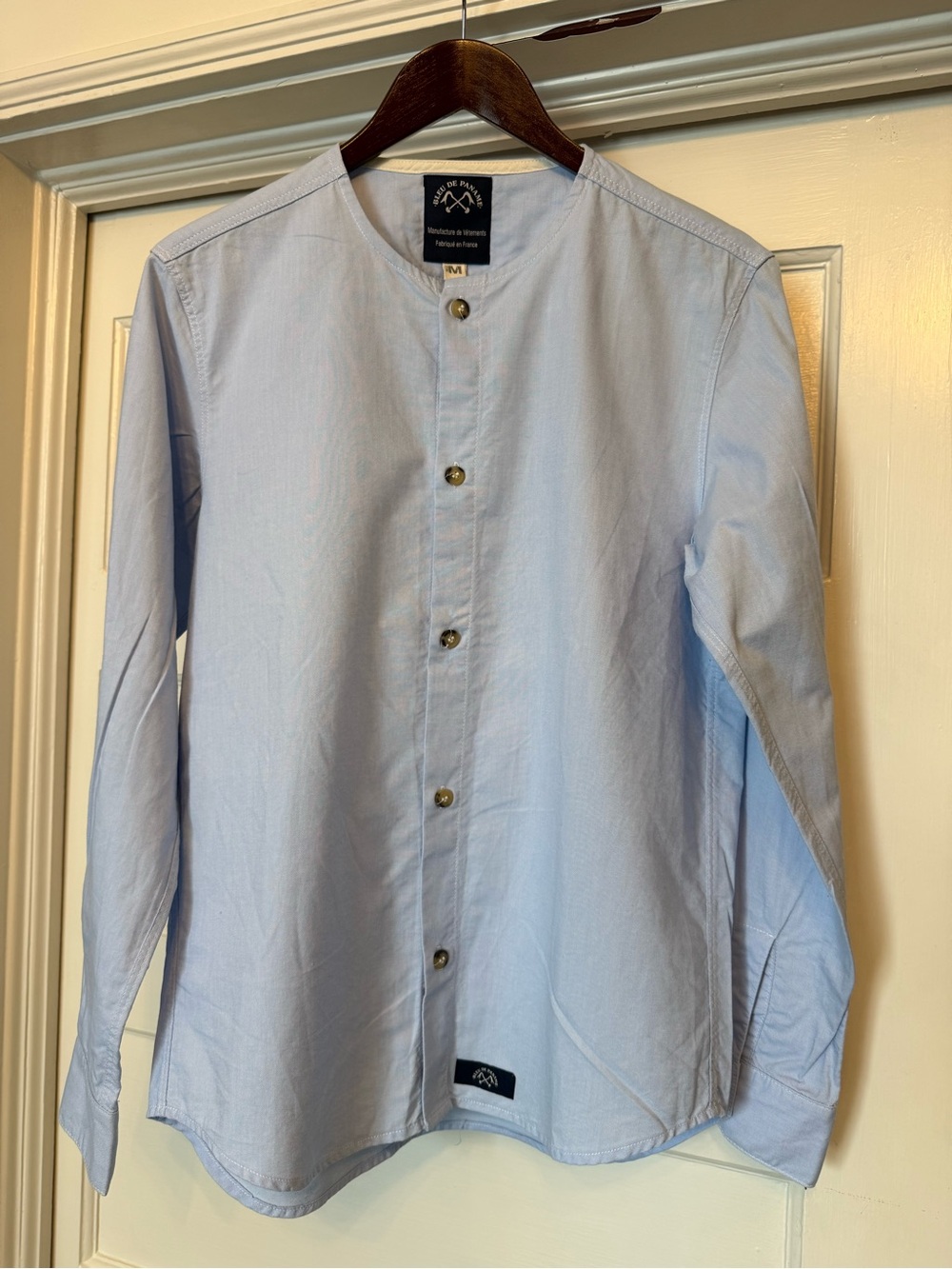 Bleu de Paname Collarless Oxford Shirt Light Blue Size M Like New